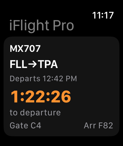 iFlight Pro on Apple Watch: next flight MX707 FLL to TPA with departure countdown and gates